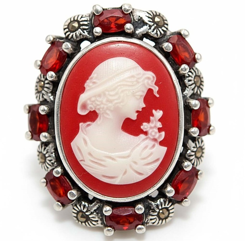 Swiss Marcasite Italian Cameo White Lady 925 Sterling Silver Ring Sz 7 PC13-8