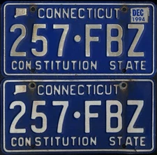 Connecticut license plate 257-FBZ 1987 base 1994 tag PAIR