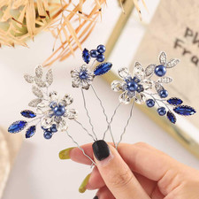 3 Pack Crystal Pearl Bridal Hair Pins Silver Flower Wedding Hair Accessories Blu