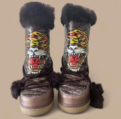 Ed Hardy Women's Fur Trim Tiger Tattoo Print brown Lace Up Snow