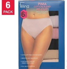 NEW Felina Women's Hi-Cut, 6-pack lace trim panties, MEDIUM