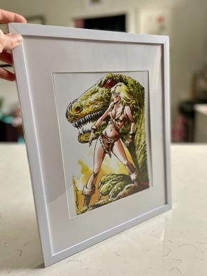 AXA Prehistoric PinUp by Enric Badia Romero Art Print in NEW White 11x14 Frame