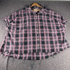 Umgee Womens Oversize Large Pink Gray Plaid Boxy Fit Button Up Blouse Top Boho