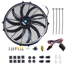 16" Electric Radiator Cooling Fan+Thermostat Wiring Switch Relay Mount Kit Black