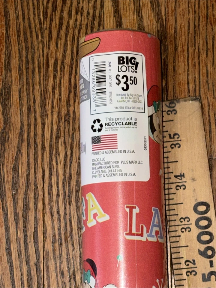 Винтажная рождественская оберточная бумага Disney. Микки/Минни-Маус 40» новый запечатанный! - Изображение 3 из 4