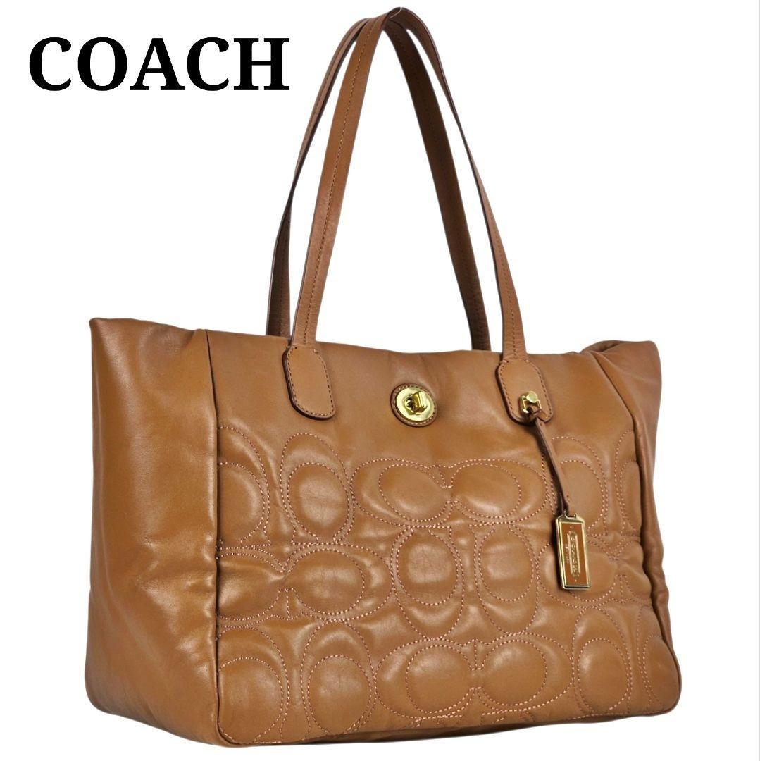 COACH Quilted Brown Leather Logo Tote Bag Authentic Pre-Owned