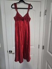 Delicate Vtg Nightgown Slip Dress Sz S Red Satin With Silver Embellish Dots Lace