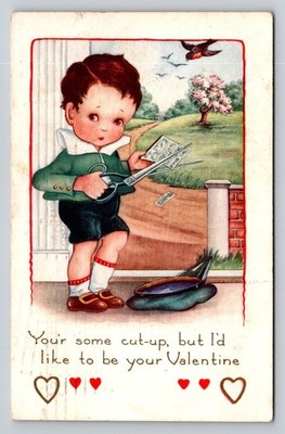 1913 Valentine Postcard Boy Cutting Paper ''Your Some Cut-Up'' Boston MA Postmark