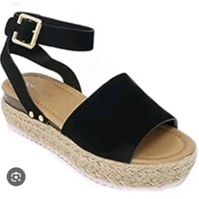 Top Moda Jute-Lined Ankle Strap Sandals – Black & Beige – Size 8 – GUC
