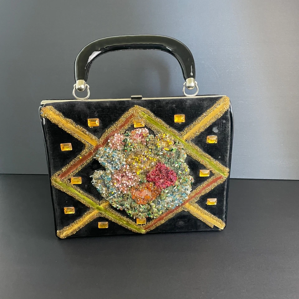 Bolso de Noche Caja Terciopelo Cuentas Intage Floral Lana Bordado Estrás 9.5x7.5 Foto 3 de 4