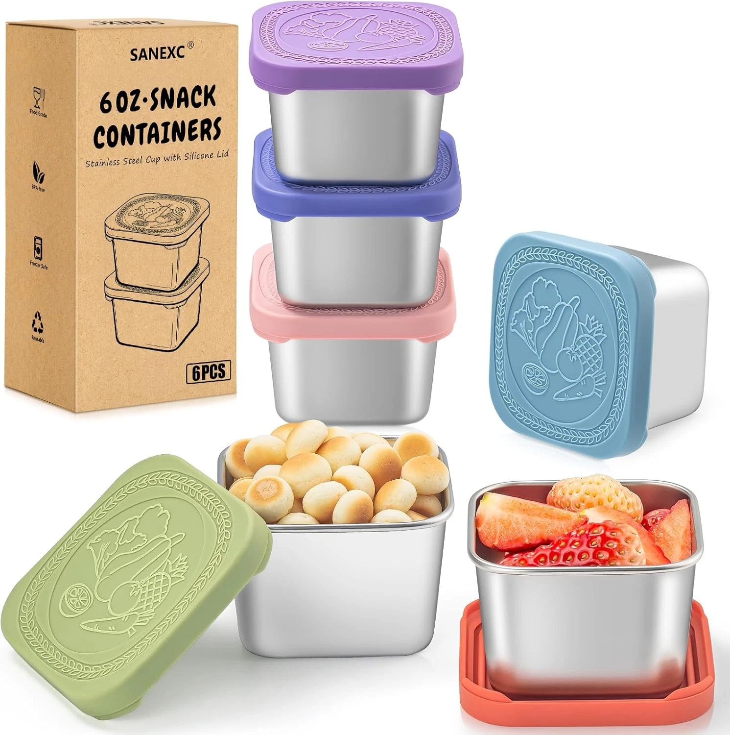 6 Oz Stainless Steel Snack Containers Kids 6 Pack Metal Food Containers W/ Lids