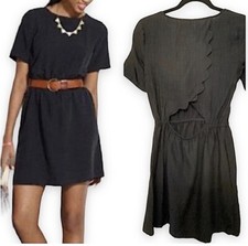 Madewell Black Scenic View Scallop Back mini Dress 100 silk short sleeve-XS