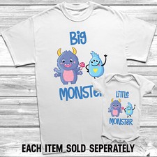 Big Little Monster T-Shirt Themed Kids Baby Grow Set Outfits Brother Sister