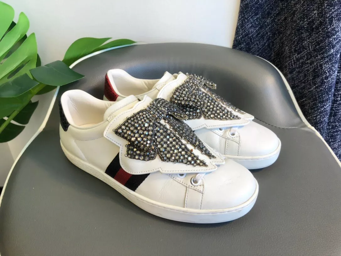 AUTH GUCCI ACE BOW CRYSTAL LEATHER SNEAKERS STUDS SHOES 35.5 eBay