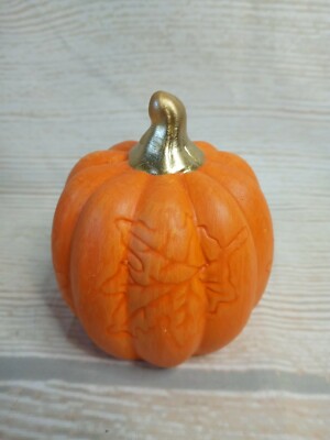 New! 4.25'' Orange Resin Gold Stemmed Pumpkin Leaf Imprint Fall Halloween Autumn