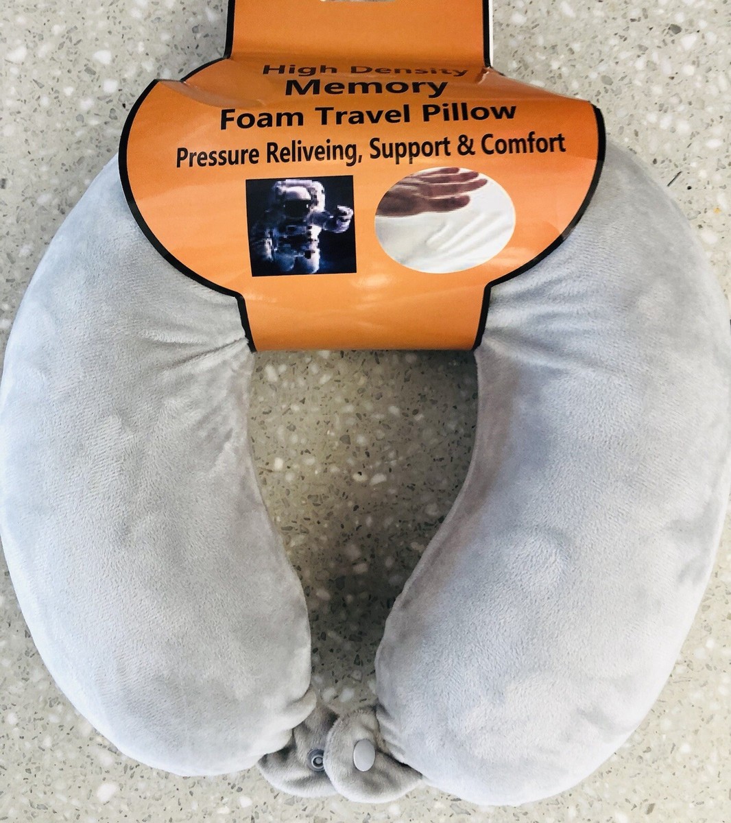 Memory Foam Neck Travel Pillow w/ SnapOn High Density U-Shape Light Grey