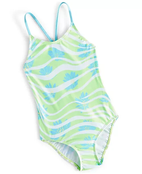 ID Ideology Wavy Floral One-Piece Swimsuit Big Girls XXL Lime