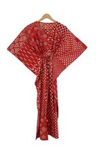 Women Cotton Red Summer Sleepwear Beach Cover Floral Print Long Caftan Dress