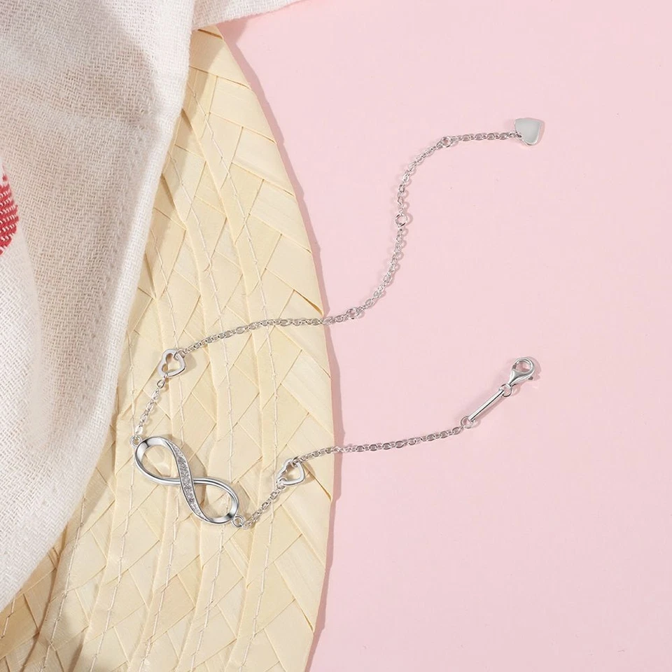 Pulseras infinitas para mujer ajustables ideas de regalo de boda de plata de ley 925 Foto 4 de 4