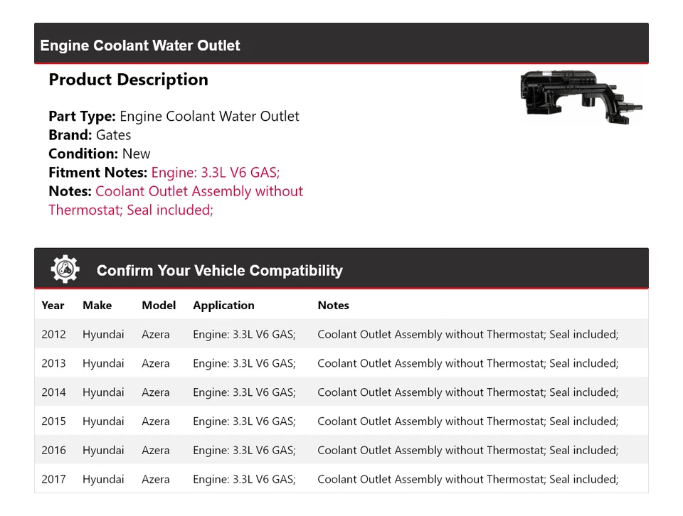Para Hyundai Azera 2012-2017 3,3 L V6 motor gas refrigerante puertas de salida de agua 2013 Foto 2 de 4