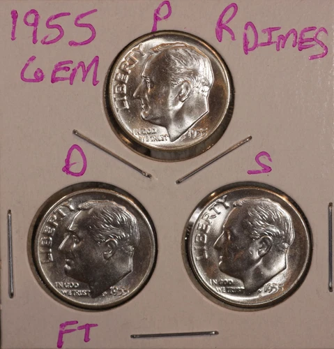 1955 P D S  Roosevelt Dimes GEM BU! D FULL BANDS! from OBW ROLLS 55041