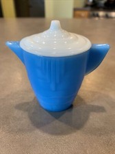 Vtg Akro Agate Blue White Slag Glass Children Tea Creamer Mini Pitcher Lid READ