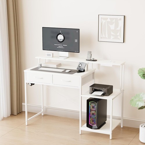120cm Gaming Desk LED Lights Reversible Printer Shelf Computer Table White - Picture 3 of 9
