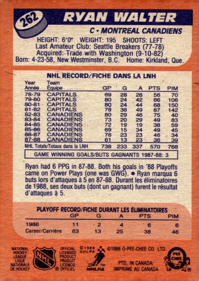 Ryan Walter - Signed 1988-89 O-Pee-Chee Card #262 - Image 2 of 2