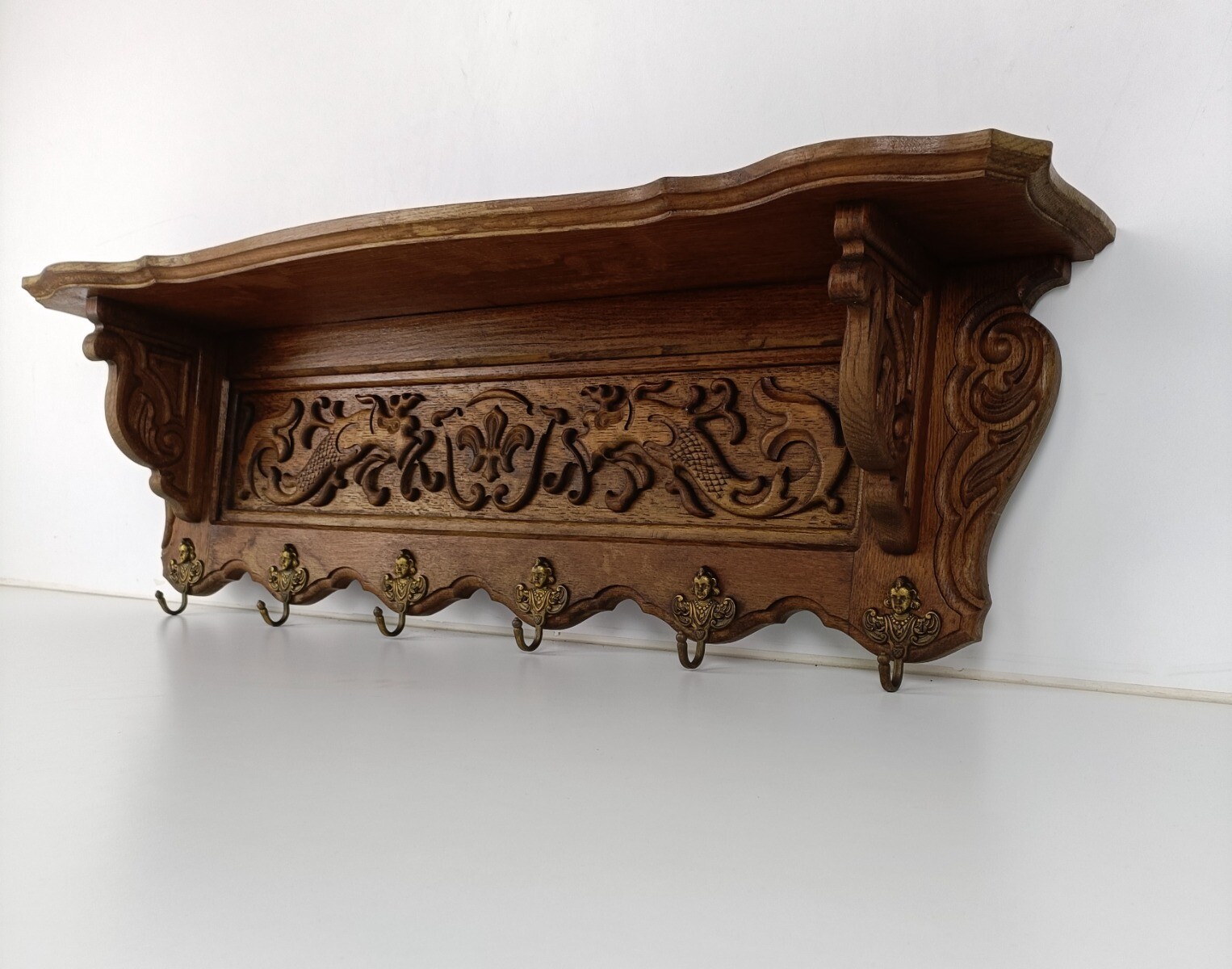 Etched Rack Antique Carved Wood Coat Hat Rack Ornate Etched hand carved Wood Oack ...