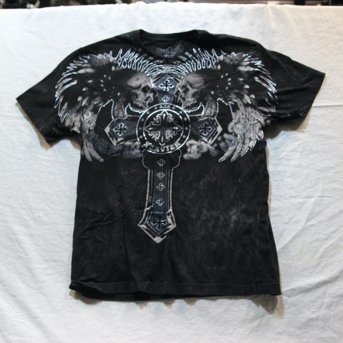 Y2K Xzavier AOP T Shirt VTG 2000s Skull Cross Wings