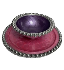 IHI Handicrafts Pewter Plate Bowl Decorative Made in India Pink Purple Dishes