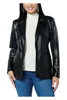IMAN Global Chic Faux Leather Blazer w/ Ponte Inserts Black