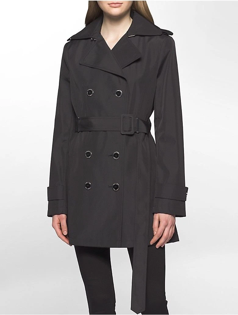 CALVIN KLEIN BONDED POLY TRENCH COAT JACKET WITH BELT BLACK WOMENS SIZE LARGE