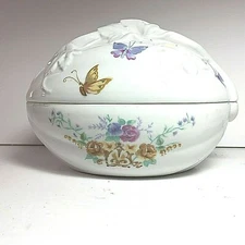 CHARLES REVSON PORCELAIN TRINKET BOX EGG SHAPED FLORAL BUTTERFLY EASTER EGG