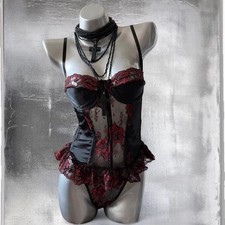 70s/80s Vintage Shirley  s Black and Red Satin and Lace Paneled Teddy Size M