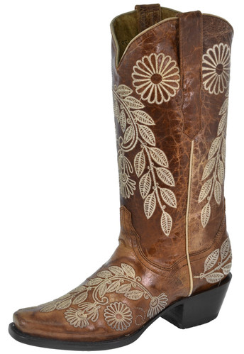 Damen-Cowboystiefel cognacfarben Leder Stickerei Blumen Rodeo Kleidung Größe 6,5, 7, 9,5 - Bild 1 von 7