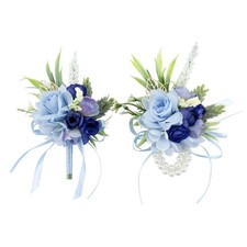2 PCS Blue Wrist Corsage and Boutonniere Set for Prom Wedding Party Suit