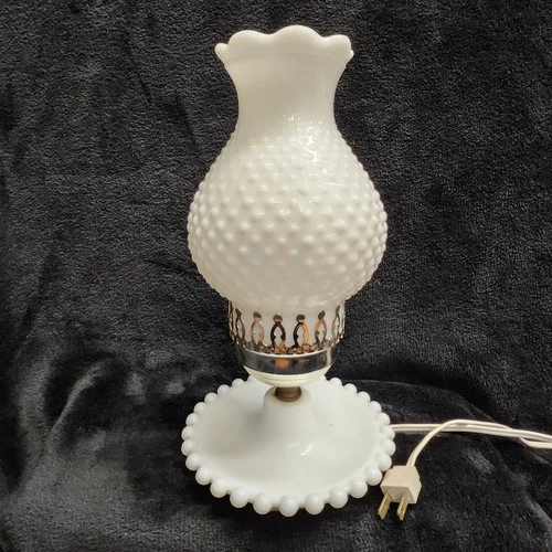 VTG Fenton Hobnail White Milk Glass Hurricane Lamp 11" Switch Works 365 Reactive