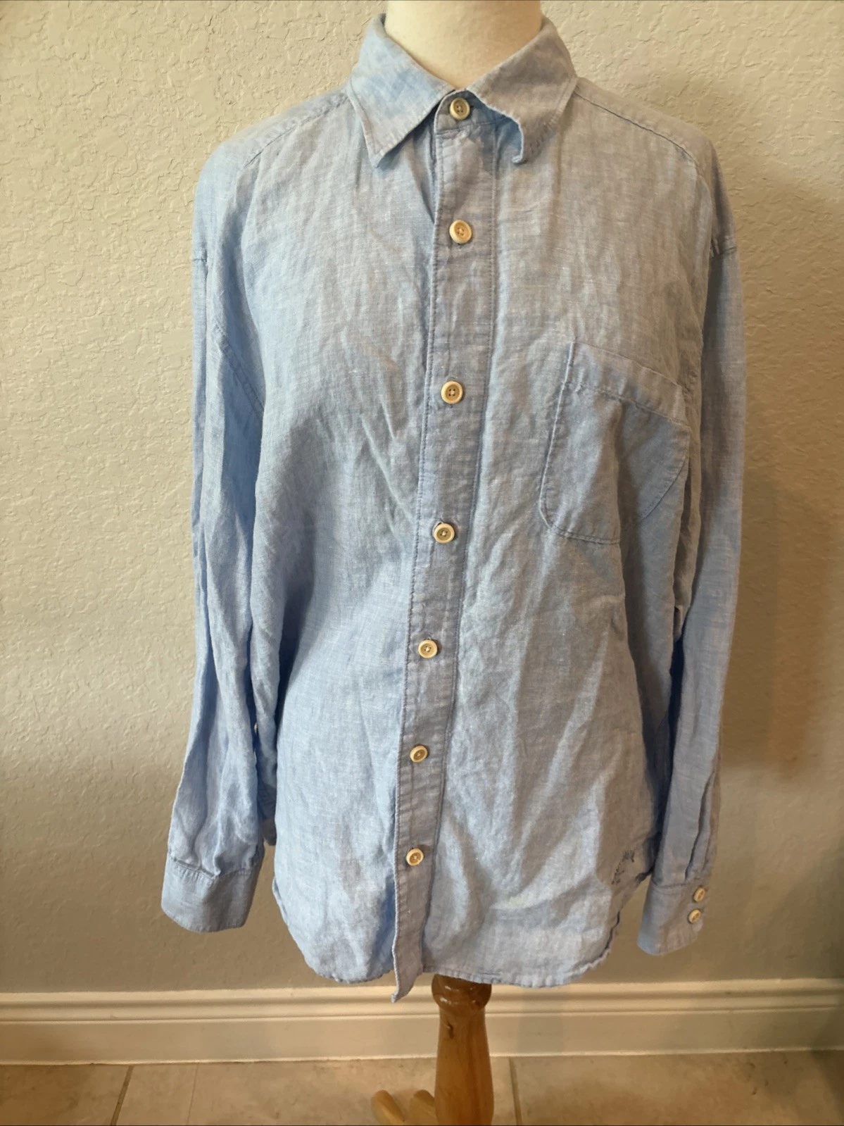Tommy Bahama Relax 100% Linen Blue Long Sleeve Button Camp Shirt Beach Mens L
