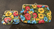 Vintage Floral Vinyl Kiss Lock Clutch Purse  Coin Purse Matching Set Retro