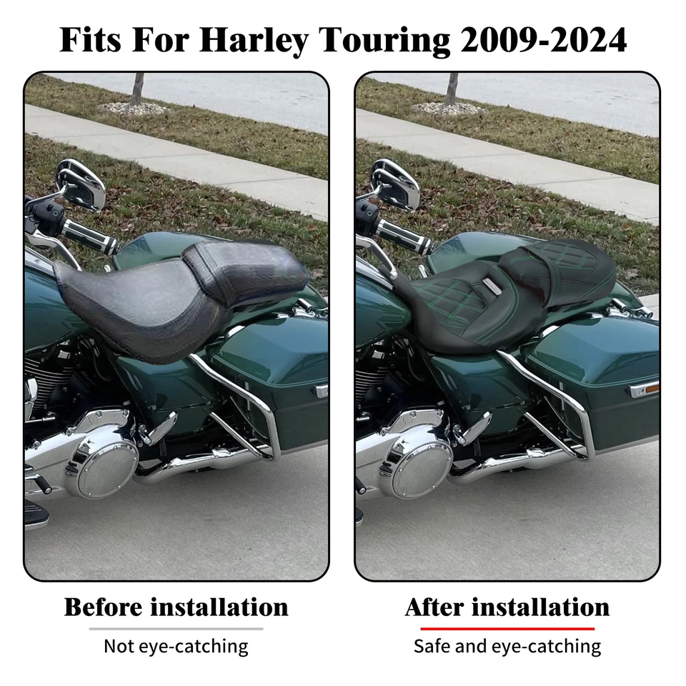 2-Up Driver Passenger Seat Green Lattice For Harley Touring Street Glide 09-24 - Imagem 3 de 4