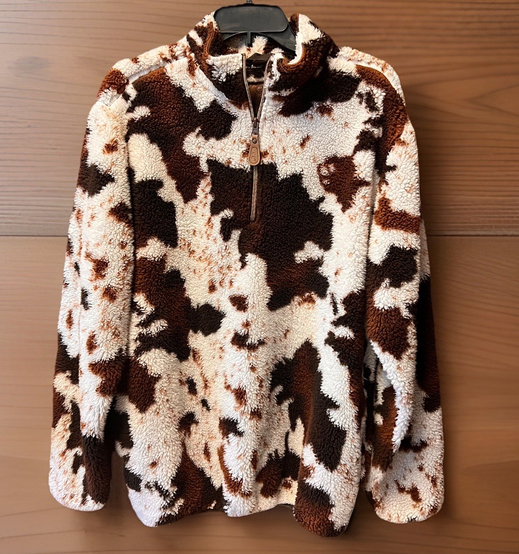 Girlie Girl Cow Print Sherpa Pullover 1/4 Zip M Western Brown White Oversized