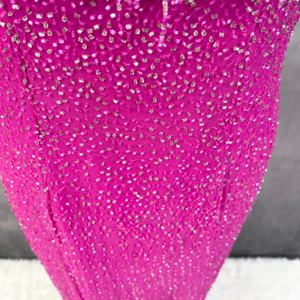 Cassandra Stone Silk Beaded Fringe Gown Size 12 Fuchsia Prom Evening HOCO FLAWED - Image 4 of 4