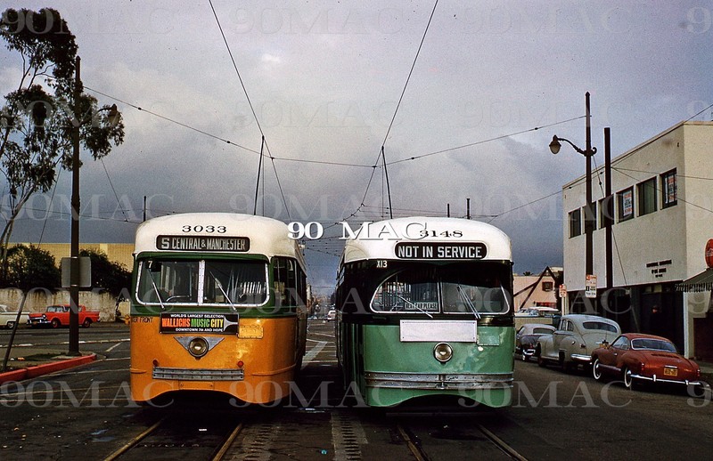 LAMTA-LATL. PCC CARS 3148/3033. 8th/Western (CA). Original Slide 1960.