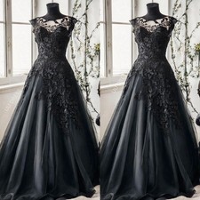 Gothic Black Wedding Dresses Off Shoulder Sheer Neck Victorian Bridal Gowns