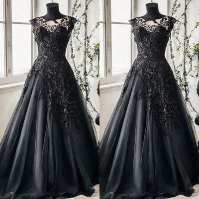 Gothic Black  Wedding Dresses Off Shoulder Sheer Neck Victorian Bridal Gowns