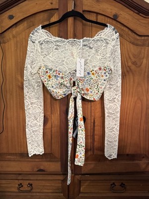 NWT Petal + Pup Garden Floral Cropped LACE Long Sleeve Tie Topper Top SZ S
