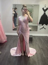 Pink Formal Gown Sleeveless Backless with Slit, Train, Embellished Details