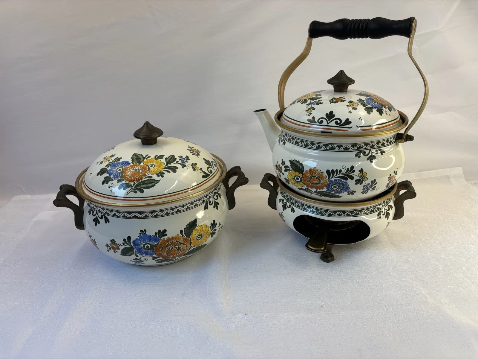 LOT OF Asta German Enamelware 1960s Floral Dutch Oven, Tea Kettle and Warmer