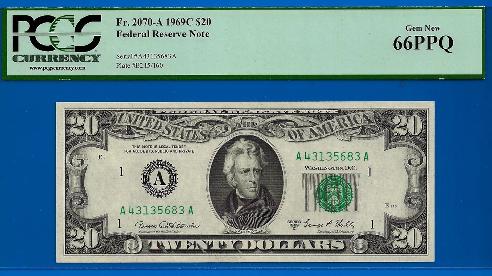 1969C $20 Federal Reserve Note PCGS 66PPQ wanted Boston Fr 2070-A - Image 2 of 3